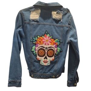 Sugar Skull Custom Upcycled Blue Jean Jacket Embroidered with Beading Size Small